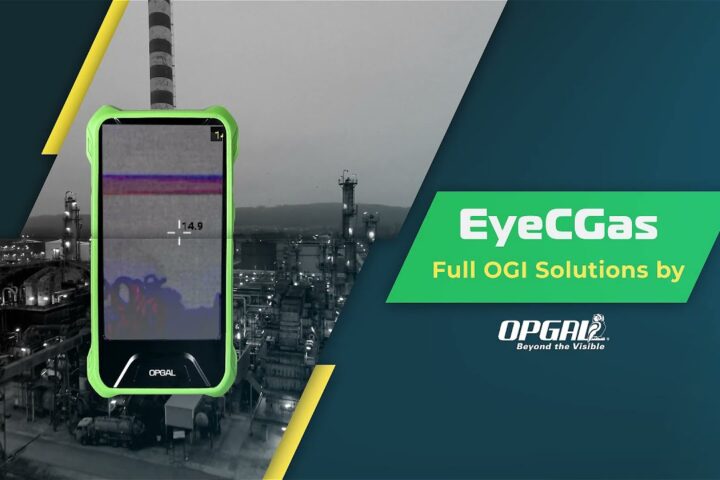 Gas leak detection devices from EyeCGas by OPGAL, showing thermal imaging scan in an industrial setting.
