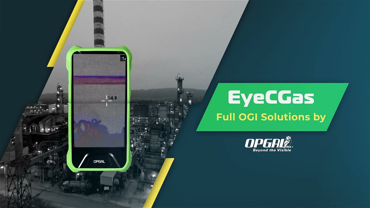 Gas leak detection devices from EyeCGas by OPGAL, showing thermal imaging scan in an industrial setting.