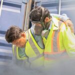 Worker assisting a colleague affected by gas exposure, emphasizing the importance of LDAR regulations for safety.
