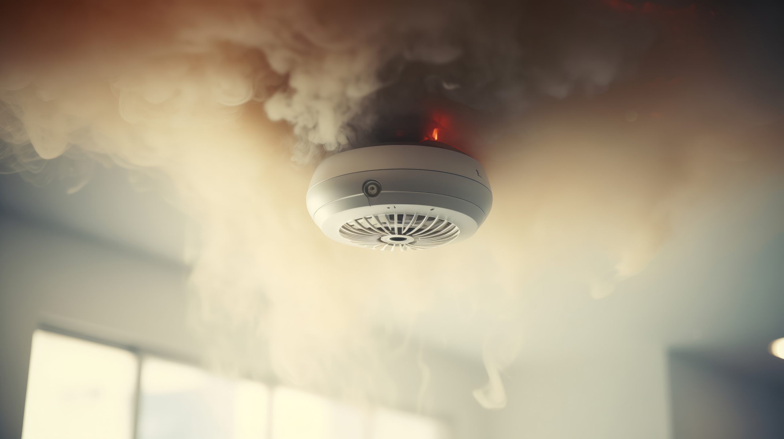 Close-up of a ceiling-mounted gas detector surrounded by smoke, emphasizing the importance of gas detector calibration.