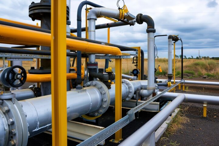Gas facility pipelines and valves demonstrating methane emissions reduction through advanced systems and design