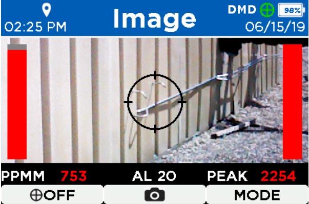 Infrared gas detection camera screen showing gas leak measurement data with target area, PPM readings, alarm level, and timestamp.